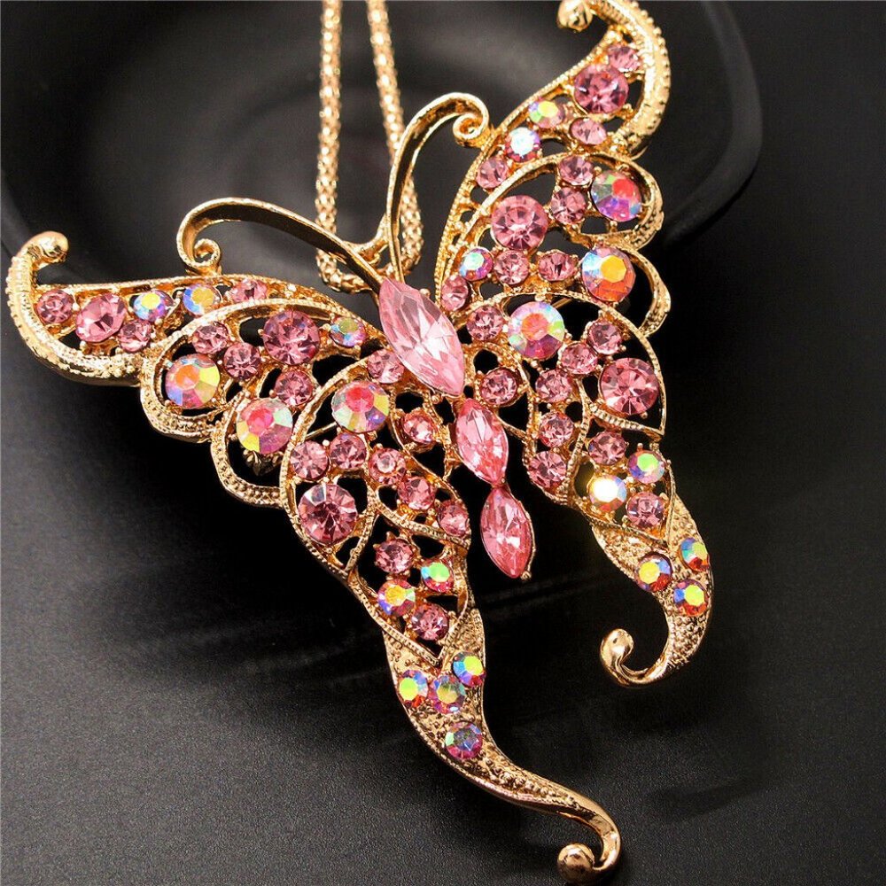 Barbiecore PINK Sparkly Crystal Rhinestone BUTTERFLY Gold PIN Pendant Necklace - Picture 2 of 11